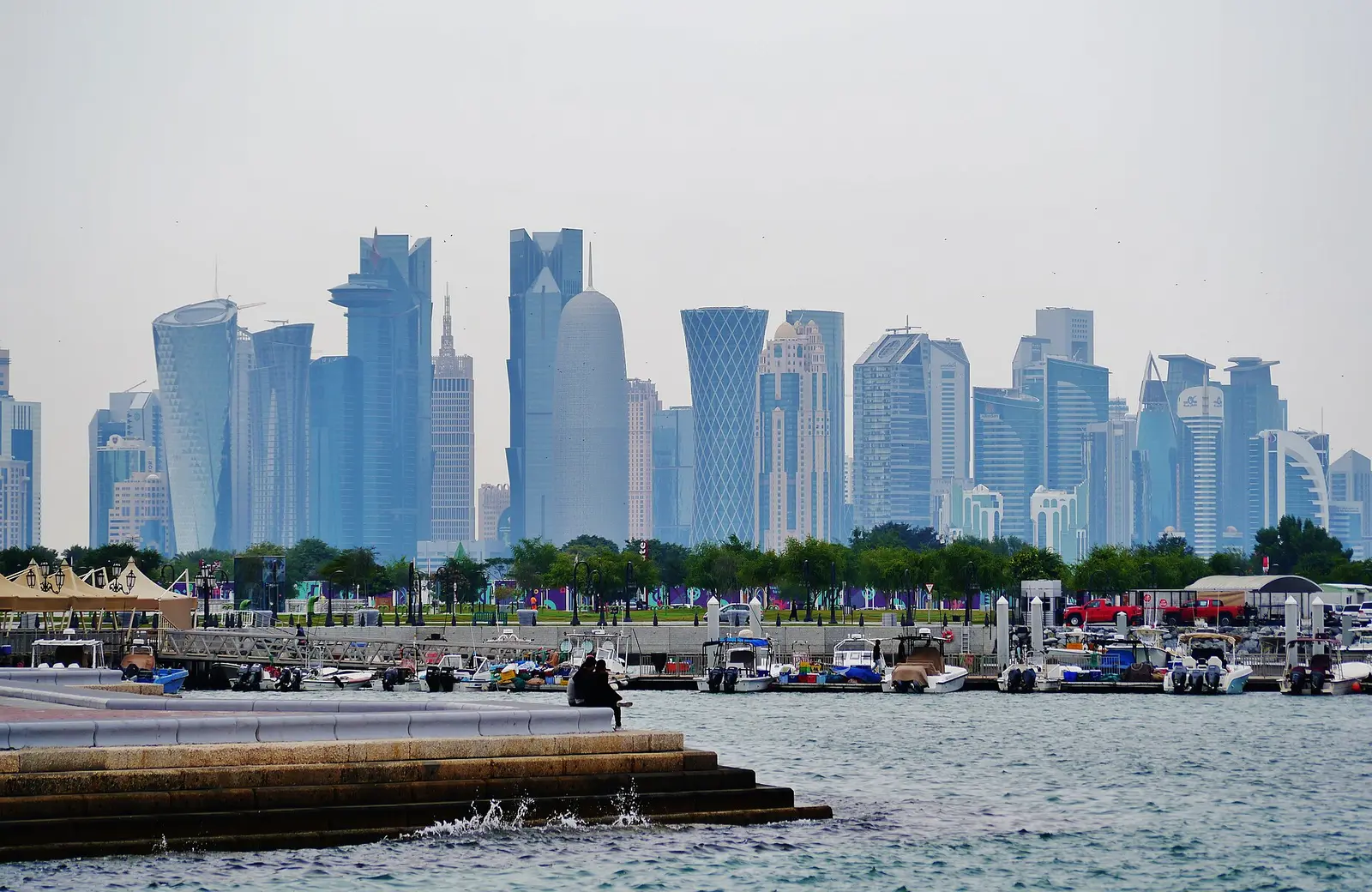 Doha skyline seen from the Corniche with the marina in the foreground