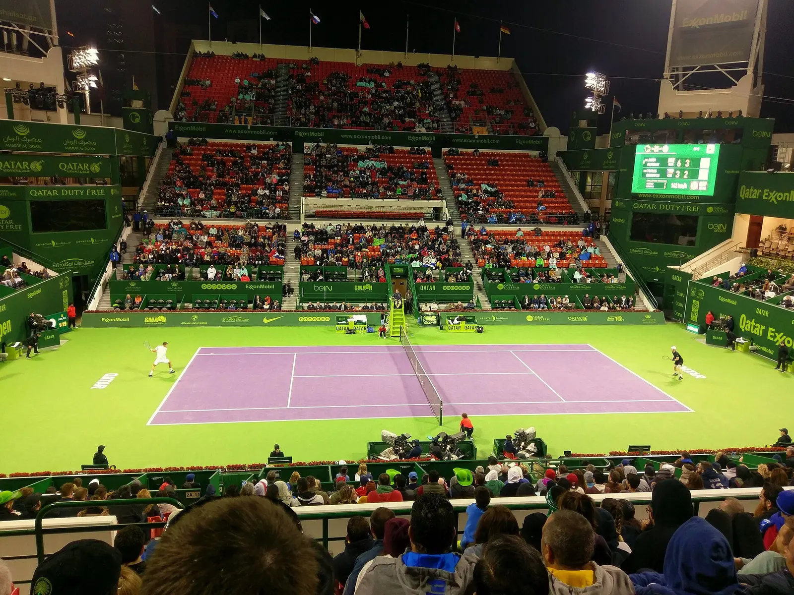 Centre court and stands at the Khalifa International Tennis and Squash Complex during the 2017 Qatar Open